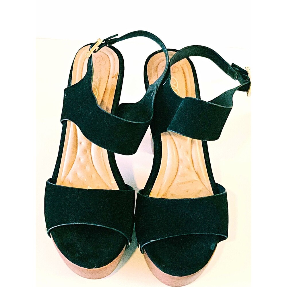 DbDk Black Suede Strappy Open Toe Ankle Strap Studded Block Heels 7.5